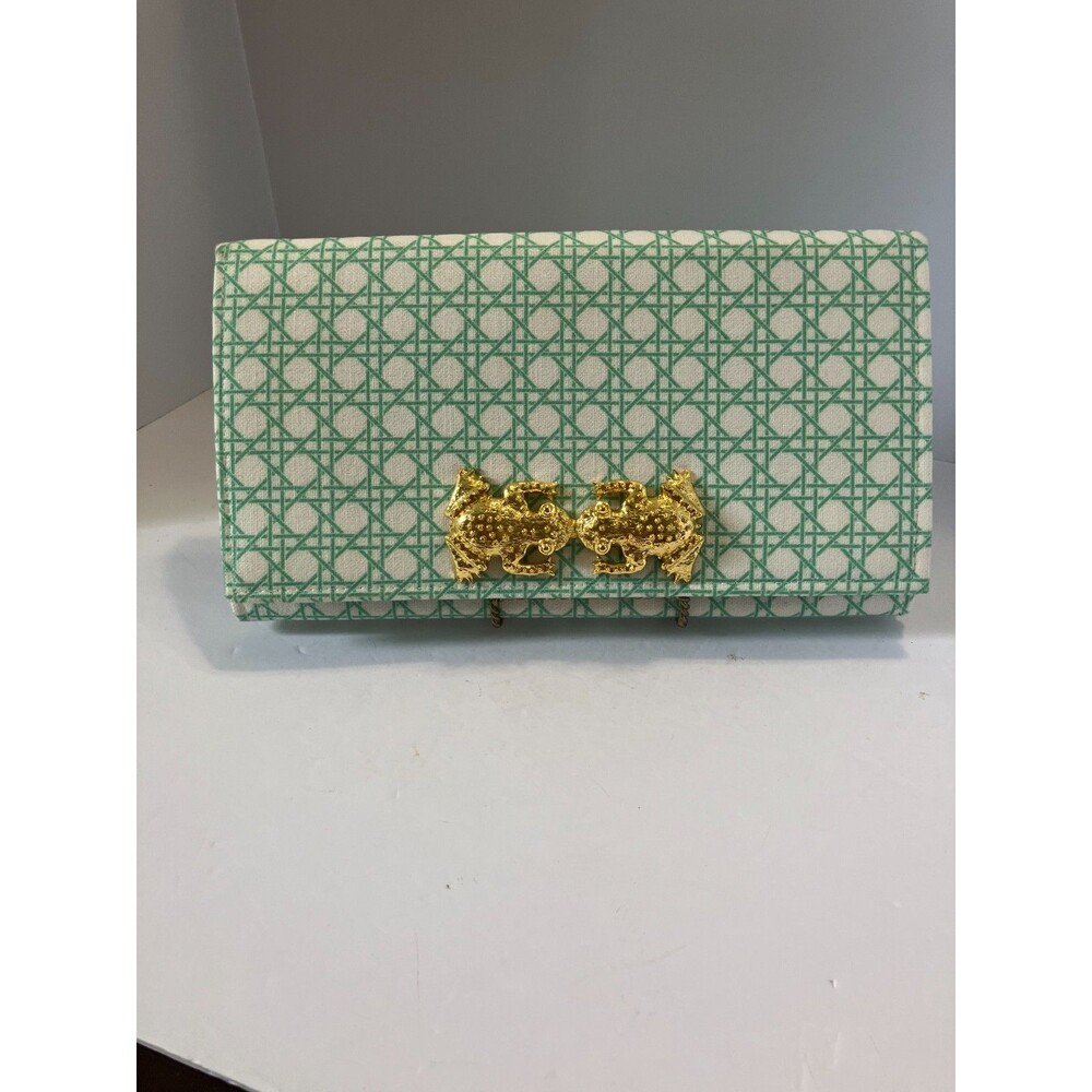 Garland Green White Geometric Clutch Purse Gold Double Frog Clasp Blue Lined Bag